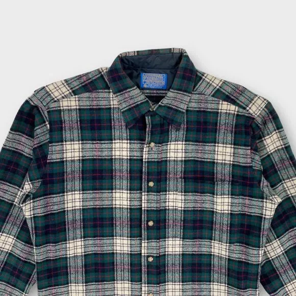 VINTAGE Pendleton Board Shirt Mens Medium Green Plaid Blackwatch Wool USA Made - Picture 3 of 11